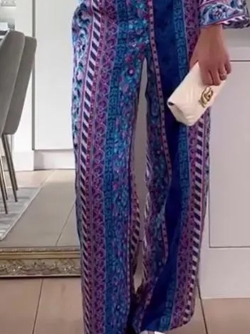 Zara Printed Wide-Leg Flowy Pants in Blue & Purple Size XS